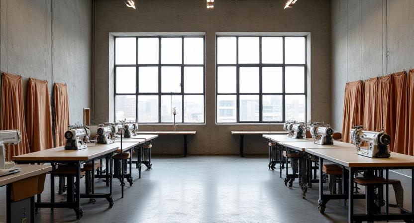 Interiøret i et lyst syverksted med store vinduer og ruller av tekstiler